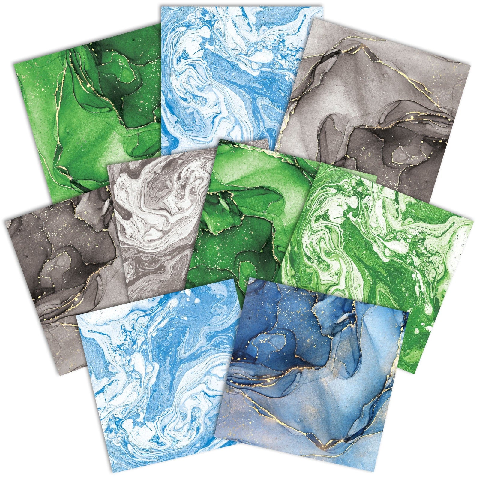 PSET-0047E - Marble Colorways Paper Assortment - Nine decorative paper sheets featuring swirled marble patterns in green, blue, and gray tones with gold accents