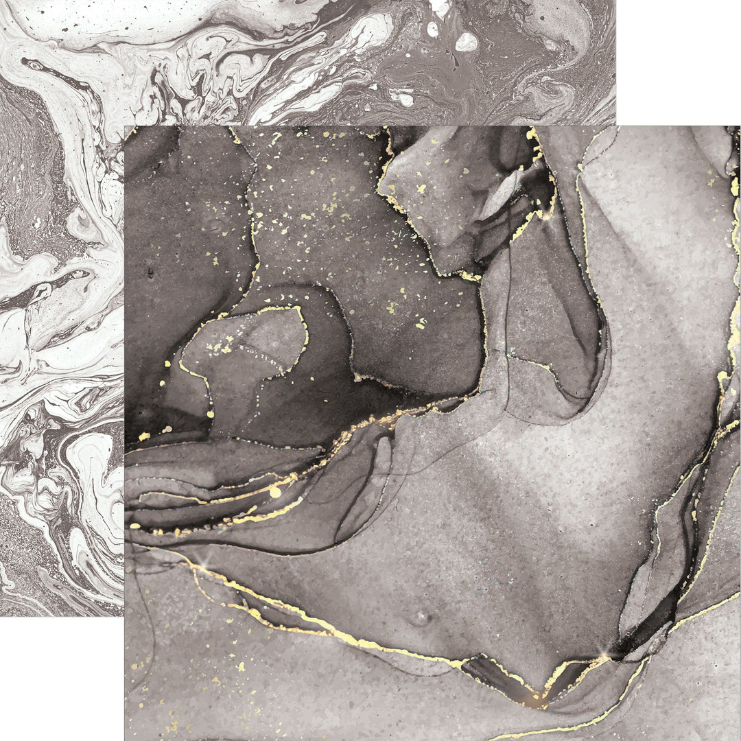PSET-0047E - Marble Colorways Paper Assortment - Assorted marble-patterned papers featuring swirled gray, white, and gold accents on dark and light backgrounds