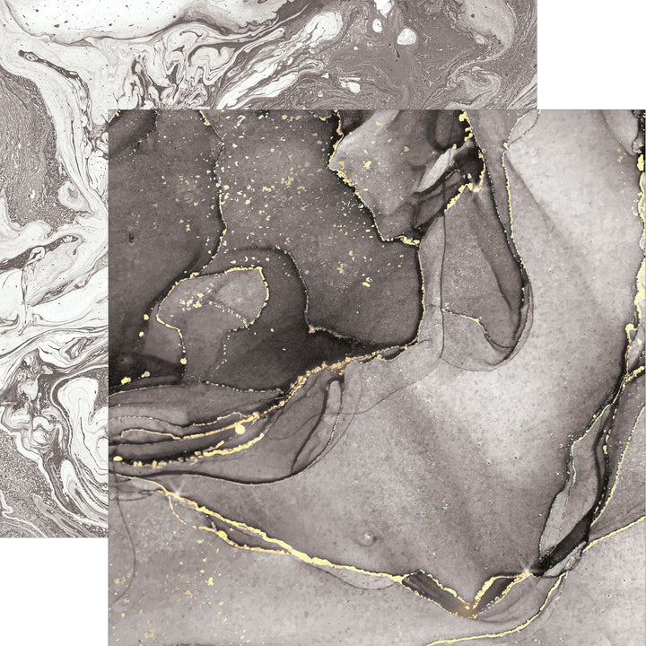 PSET-0047E - Marble Colorways Paper Assortment - Assorted marble-patterned papers featuring swirled gray, white, and gold accents on dark and light backgrounds