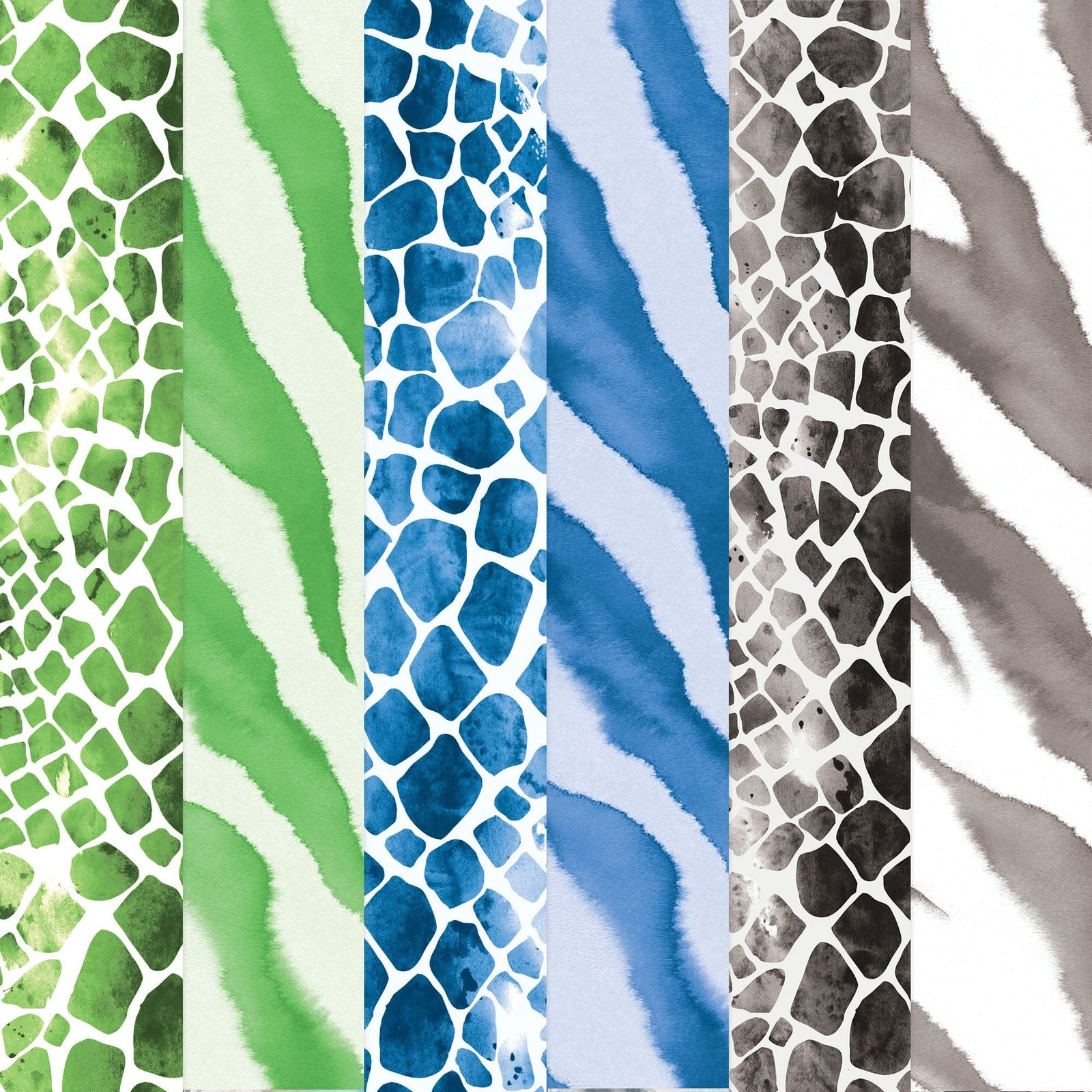 PSET-0048E - Zebra & Python Colorways Paper Assortment - Five vertical strips of decorative paper in green, blue, and gray featuring animal print patterns with white grid overlays and watercolor brushstrokes