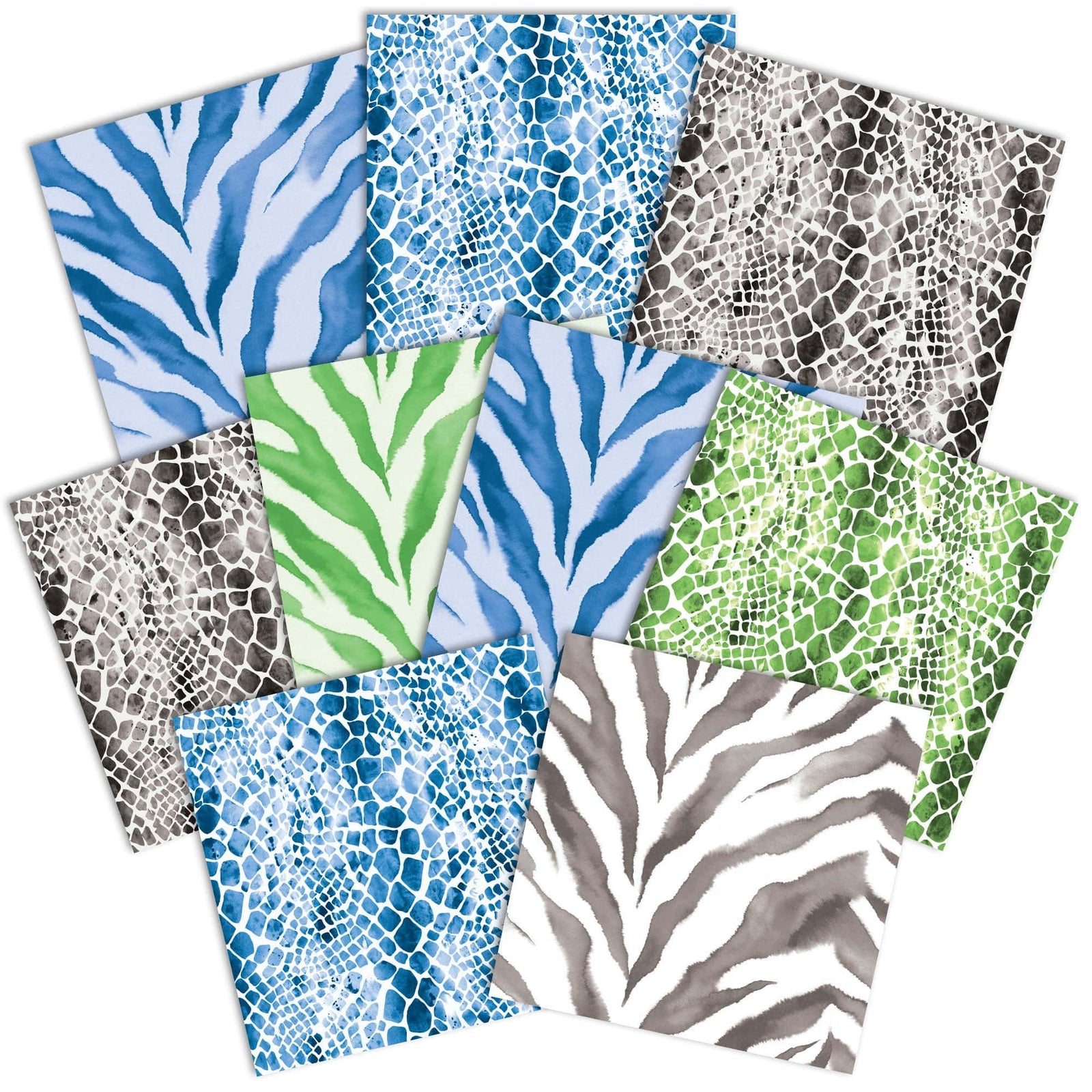 PSET-0048E - Zebra & Python Colorways Paper Assortment - Nine sheets of decorative paper in zebra stripes and python scale patterns, featuring blue, green, gray, and black colorways