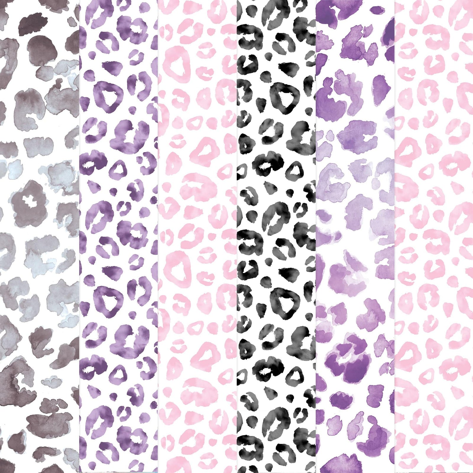 PSET-0049E - Leopard Colorways Paper Assortment - Six vertical strips of watercolor leopard print patterns in purple, pink, black, and gray tones on white background