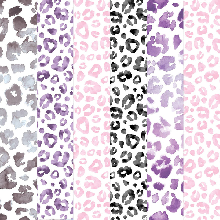 PSET-0049E - Leopard Colorways Paper Assortment - Six vertical strips of watercolor leopard print patterns in purple, pink, black, and gray tones on white background