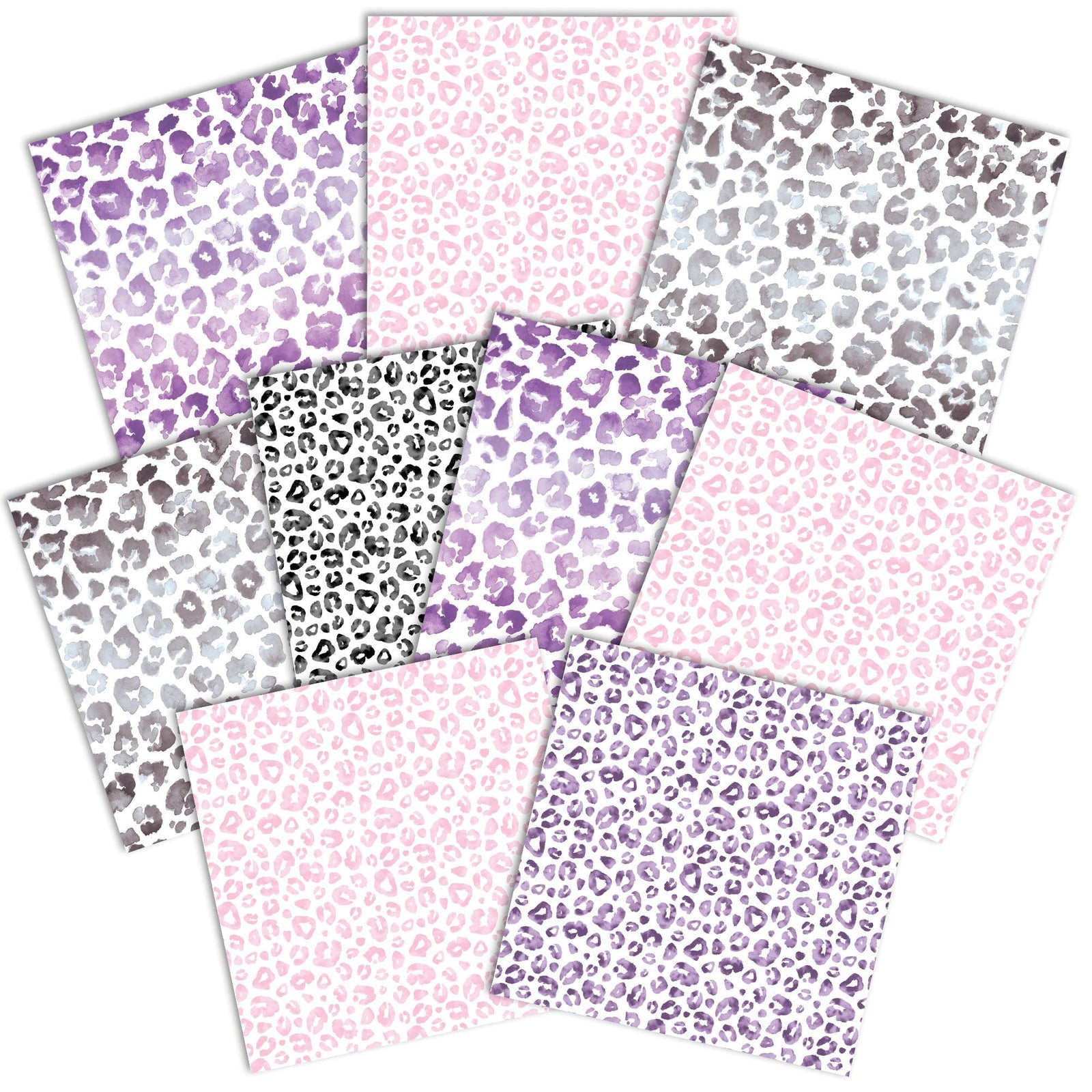 PSET-0049E - Leopard Colorways Paper Assortment - Nine sheets of leopard print patterned paper in pink, purple, gray, and black colorways arranged in an overlapping display