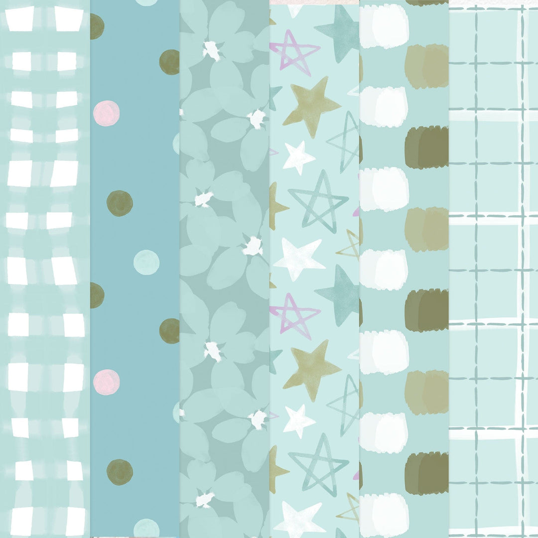 PSET-0050E - Baby Boy Paper Assortment - Collection of six coordinating light blue patterned papers featuring stars, clouds, gingham, polka dots, and grid designs