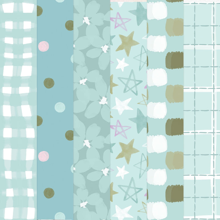 PSET-0050E - Baby Boy Paper Assortment - Collection of six coordinating light blue patterned papers featuring stars, clouds, gingham, polka dots, and grid designs