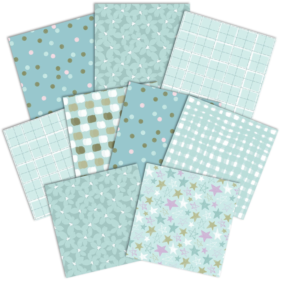 PSET-0050E - Baby Boy Paper Assortment - Nine pastel blue and mint green papers with coordinating patterns including dots, stars, gingham, grids, and floral designs