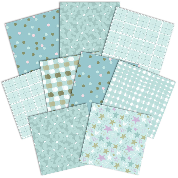 PSET-0050E - Baby Boy Paper Assortment - Nine pastel blue and mint green papers with coordinating patterns including dots, stars, gingham, grids, and floral designs