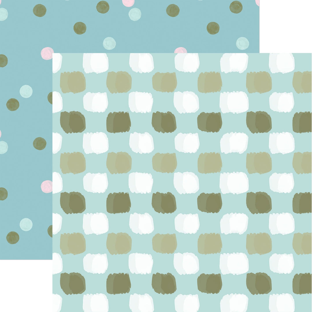 PSET-0050E - Baby Boy Paper Assortment - Coordinating decorative papers in soft blue with white clouds and tan squares, featuring scattered polka dots