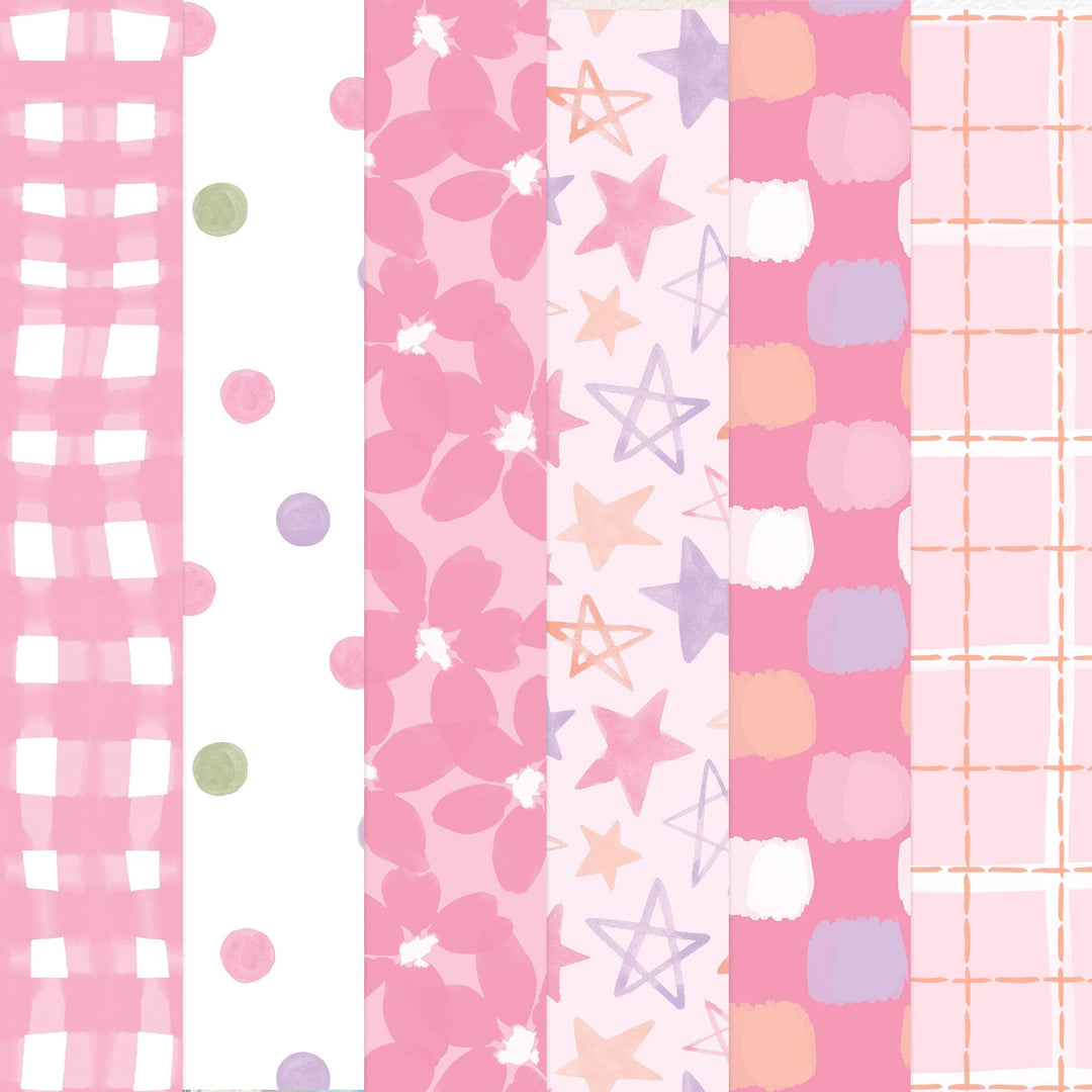 PSET-0051E - Baby Girl Paper Assortment - Six vertical strips of decorative paper in pink tones featuring gingham, floral, star, cloud, and grid patterns
