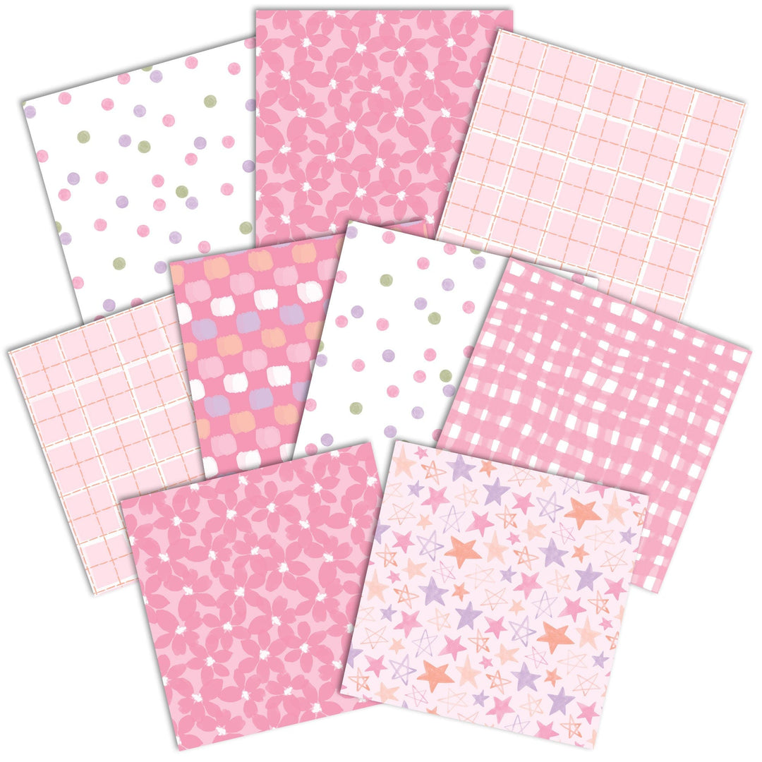 PSET-0051E - Baby Girl Paper Assortment - Nine sheets of pink patterned scrapbook paper featuring dots, florals, stars, gingham, and grid designs