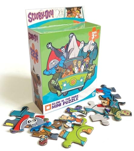 PUZ-7020E - Scooby Doo (Glow in the Dark) Mini Puzzle - Colorful glow-in-the-dark puzzle box with Scooby-Doo characters and scattered puzzle pieces displayed in front