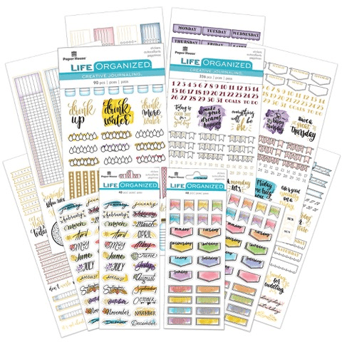 SET-0015E - Planner Stickers Set - Creative Journaling - Assorted planner sticker sheets featuring colorful tabs, text labels, date markers, and decorative elements in gold, purple, and pastels