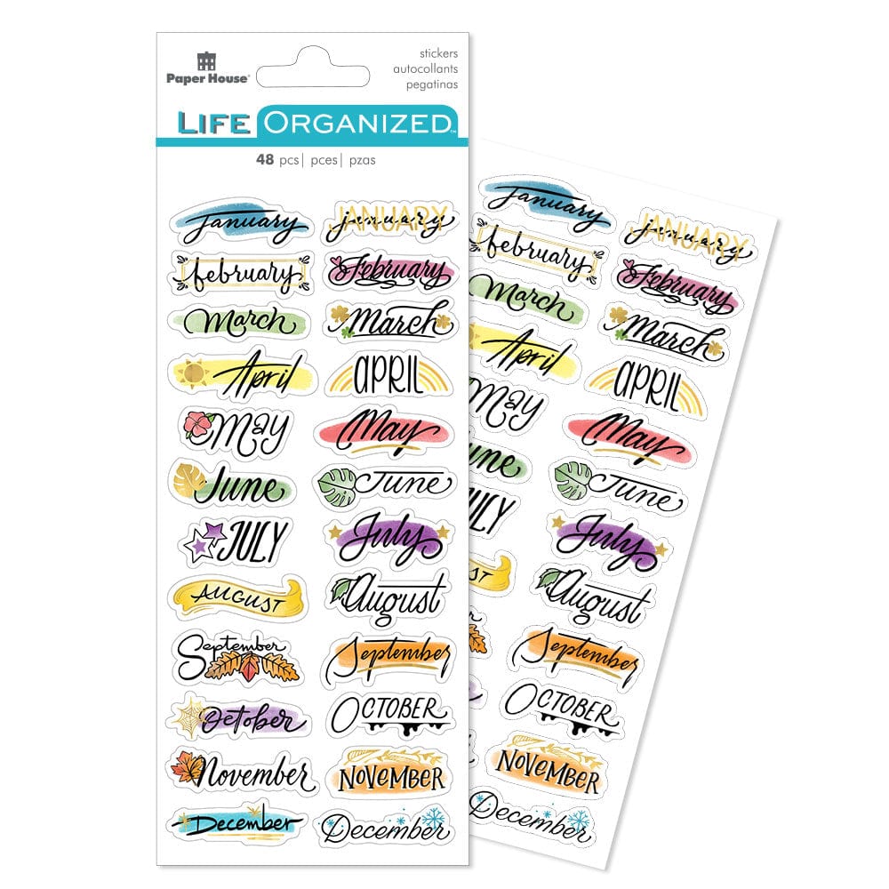 SET-0015E - Planner Stickers Set - Creative Journaling - Two sheets of 48 decorative month name stickers in various colors and hand-lettered styles for calendar planning and organization