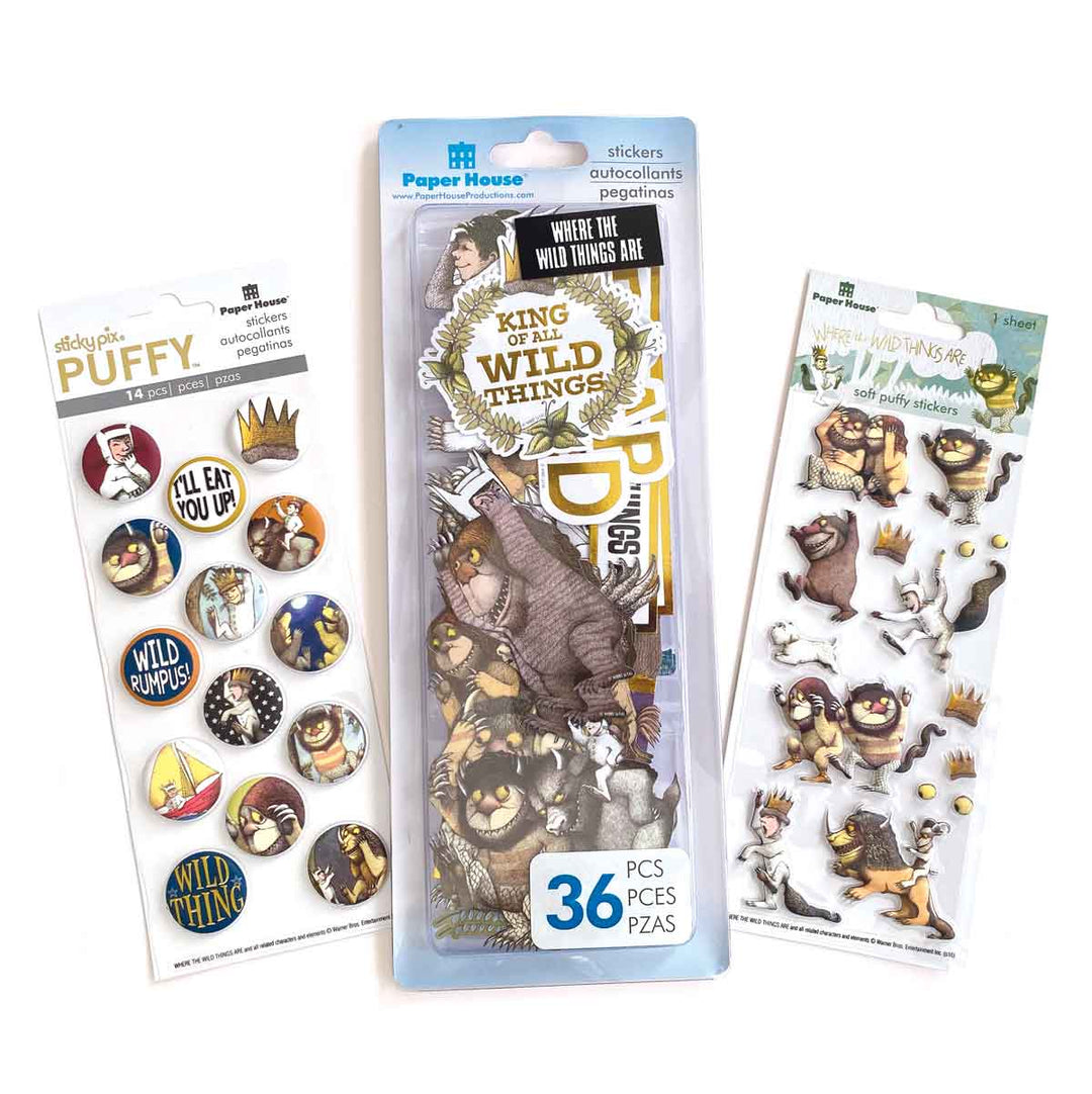 SET-0017E - Where the Wild Things Are Sticker Bundle - Three Paper House sticker sheets featuring characters and scenes from Where the Wild Things Are in brown, gold, and white tones