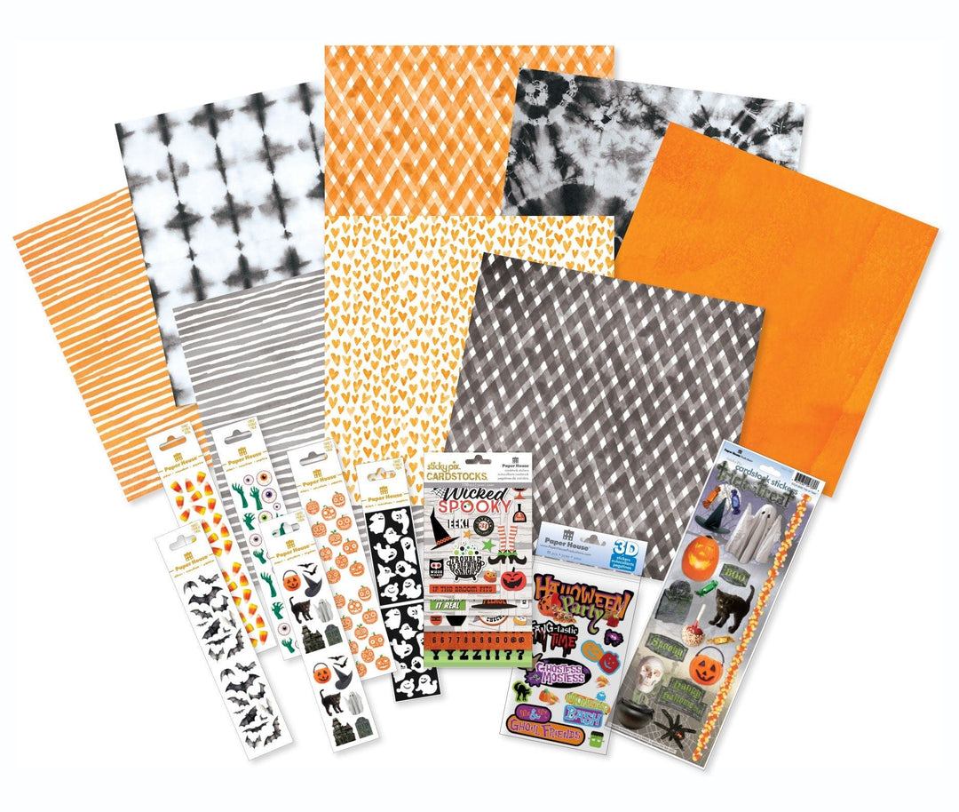 SET-0142E - Halloween Crafting Set - Orange and gray cardstock sheets with patterned designs, stickers, and embellishments in a Halloween-themed craft collection