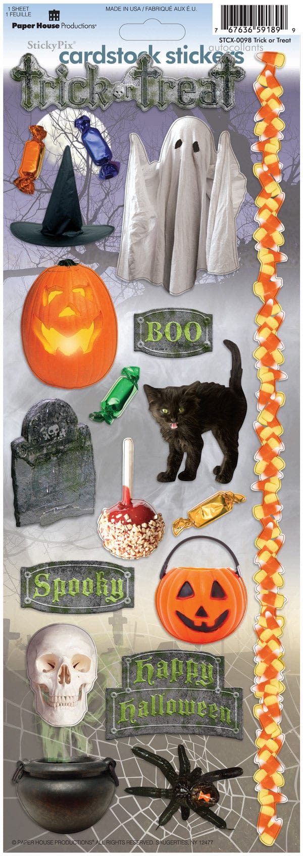 SET-0142E - Halloween Crafting Set - Halloween cardstock stickers featuring trick-or-treat, ghost, pumpkin, black cat, candy, skull, witch hat, and "Happy Halloween" text on purple background