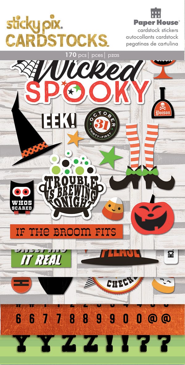 SET-0142E - Halloween Crafting Set - Sticky Pix cardstock stickers featuring Halloween designs including witch hats, pumpkins, striped socks, cauldrons, and spooky text phrases in orange, black, and green