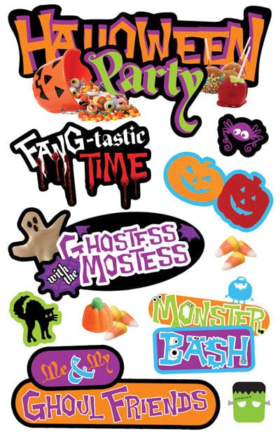 SET-0142E - Halloween Crafting Set - Colorful Halloween-themed sticker sheet with festive text designs and spooky graphics in orange, purple, green, and black