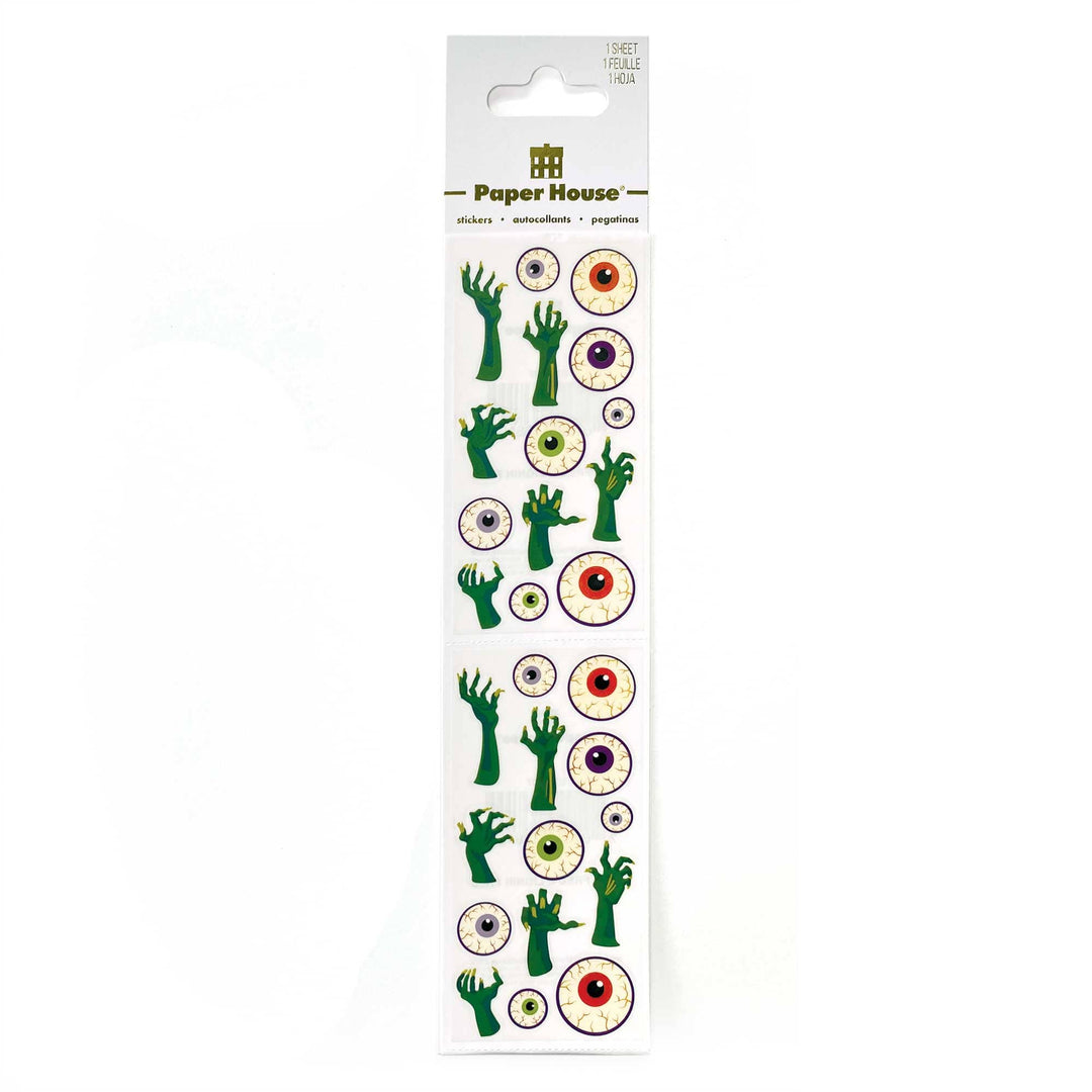 SET-0142E - Halloween Crafting Set - Paper House sticker sheet featuring green zombie hands and colorful eyeballs in various colors on a white background