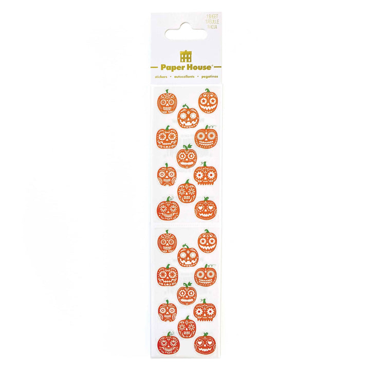 SET-0142E - Halloween Crafting Set - Paper House sticker sheet featuring 30 orange decorative pumpkin designs with skull and floral patterns