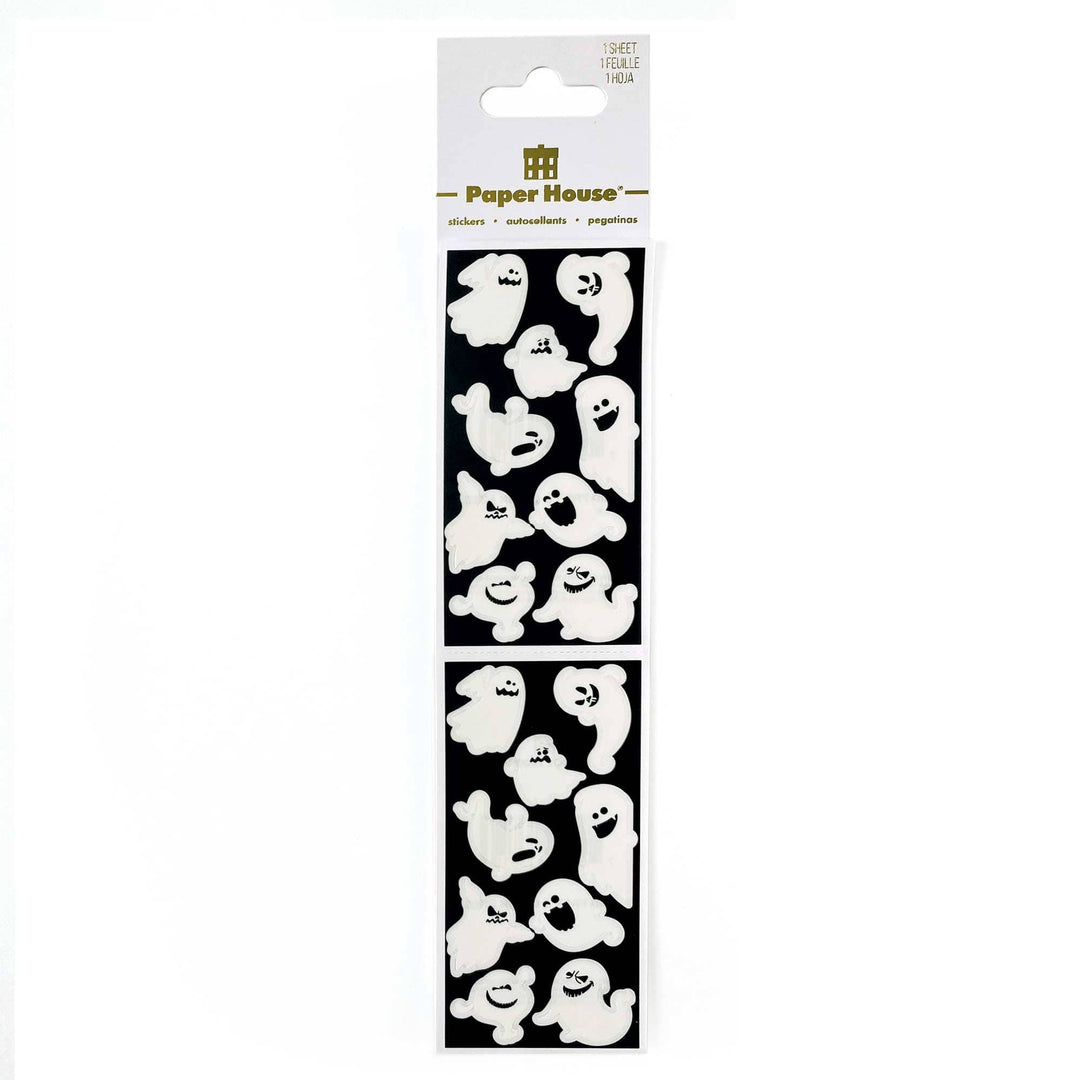 SET-0142E - Halloween Crafting Set - Paper House sticker sheet featuring white ghost characters with various facial expressions on a black background