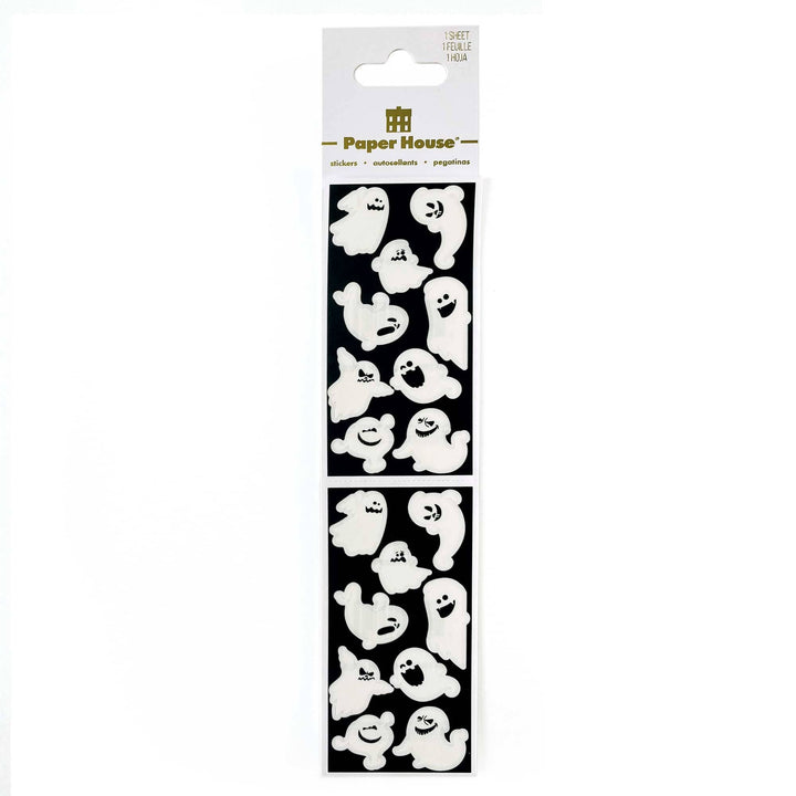 SET-0142E - Halloween Crafting Set - Paper House sticker sheet featuring white ghost characters with various facial expressions on a black background