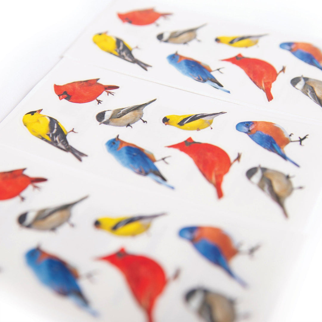 ST-2215E - Decorative Stickers - Birds - Colorful bird stickers featuring red cardinals, blue and orange parrots, yellow finches, and tan sparrows on a white background