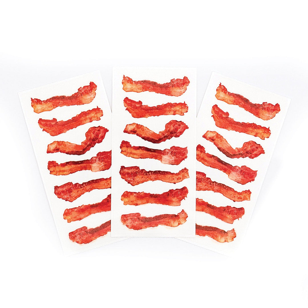 ST-2246E - Decorative Stickers - Bacon - Three sheets of bacon-themed stickers featuring crispy strips in red and orange tones on white background