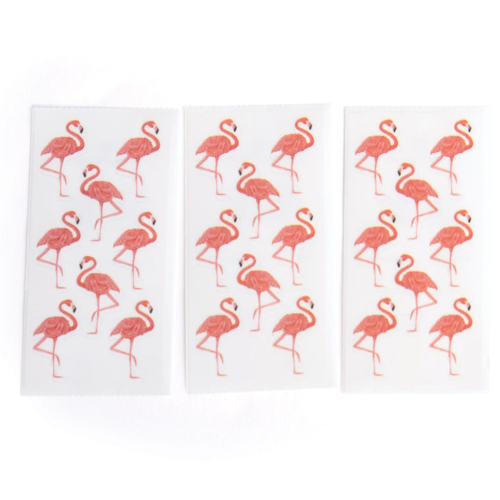 ST-2293E - Decorative Stickers - Flamingo - Three sheets of pink flamingo stickers on white background, featuring various sized bird designs in coral and orange tones