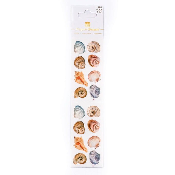 ST-2295E - Decorative Stickers - Seashells - Strip of decorative seashell stickers featuring various shells in tan, orange, and blue tones on white background