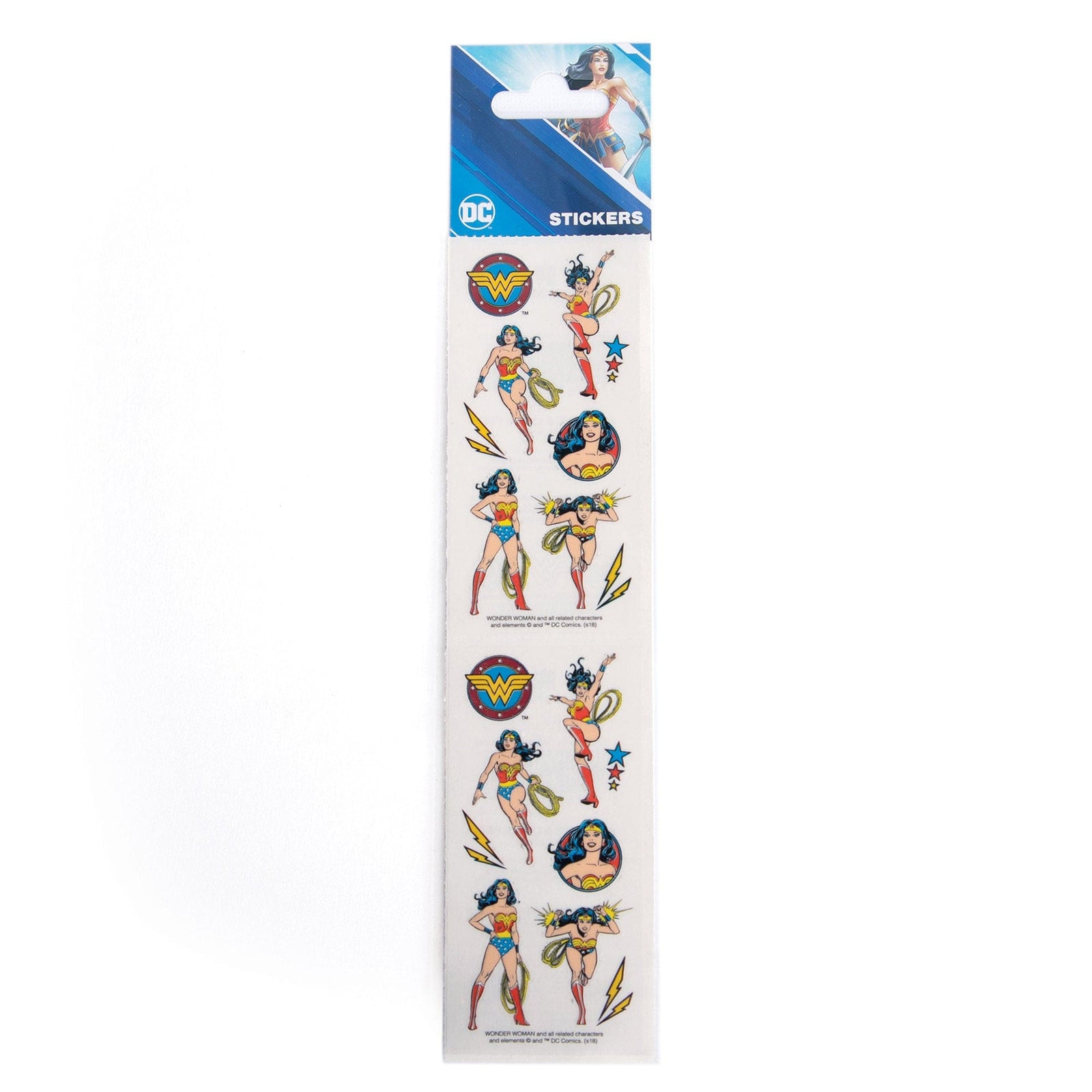 ST-2310E - Decorative Stickers - Wonder Woman - DC Comics sticker sheet featuring Wonder Woman character artwork, logos, and action poses in red, gold, and blue colors