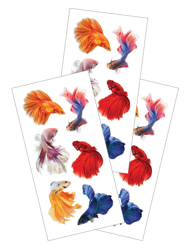ST-2428E - Decorative Stickers - Betta Fish - Three sheets of colorful betta fish stickers featuring orange, red, blue, and pink varieties in different poses and fin displays