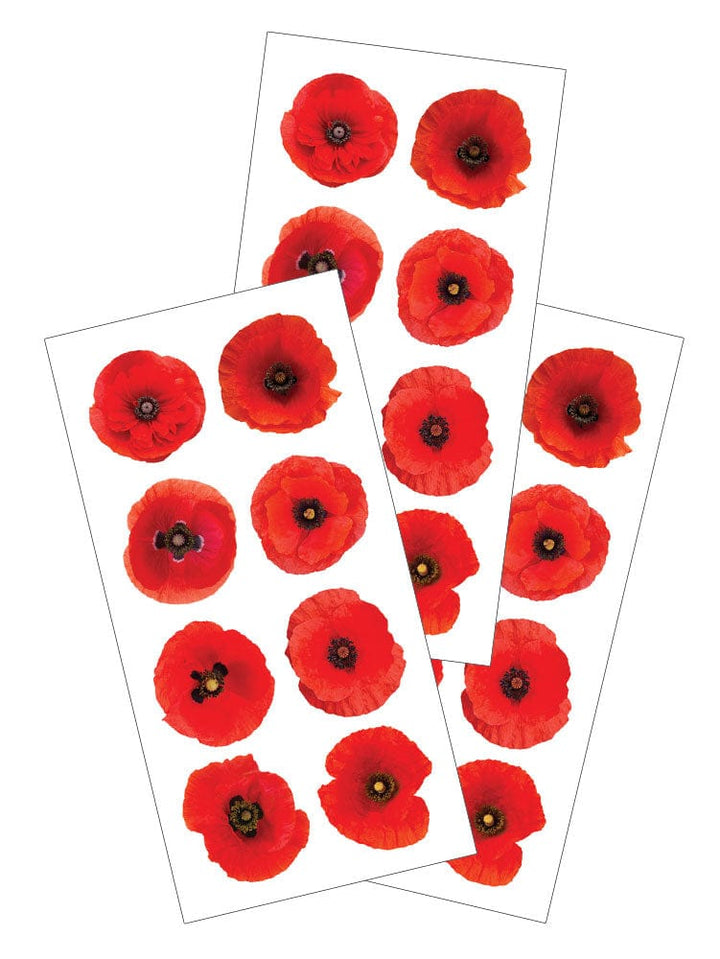 ST-2429E - Decorative Stickers - Red Poppies - Three sheets of red poppy flower stickers with black centers on white backgrounds