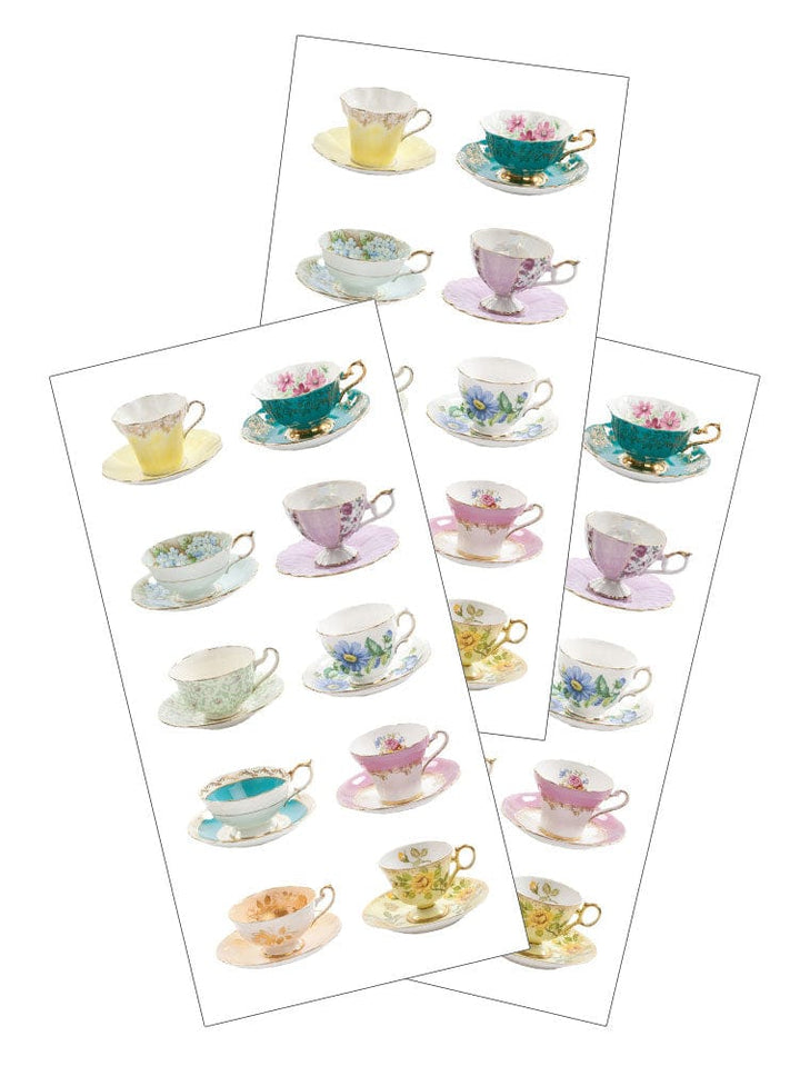 ST-2431E - Decorative Stickers - Tea Cups - Collection of vintage-style teacup and saucer stickers in assorted floral patterns and pastel colors