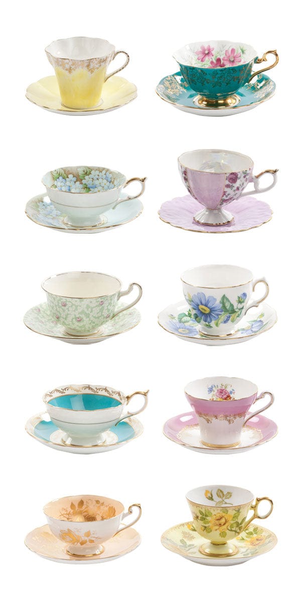ST-2431E - Decorative Stickers - Tea Cups - Collection of 10 vintage-style porcelain teacups and saucers in assorted pastel colors with floral patterns and gold accents