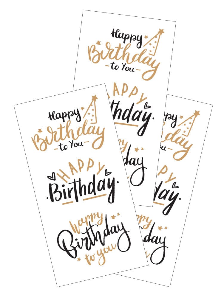 ST-2432E - Decorative Stickers - Happy Birthday Greeting - Three sheets of decorative stickers featuring "Happy Birthday" text in black and gold script with stars and party hat designs