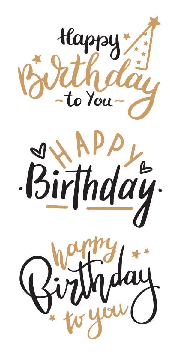 ST-2432E - Decorative Stickers - Happy Birthday Greeting - Three decorative birthday greeting stickers in black and gold script with stars and hearts on white background