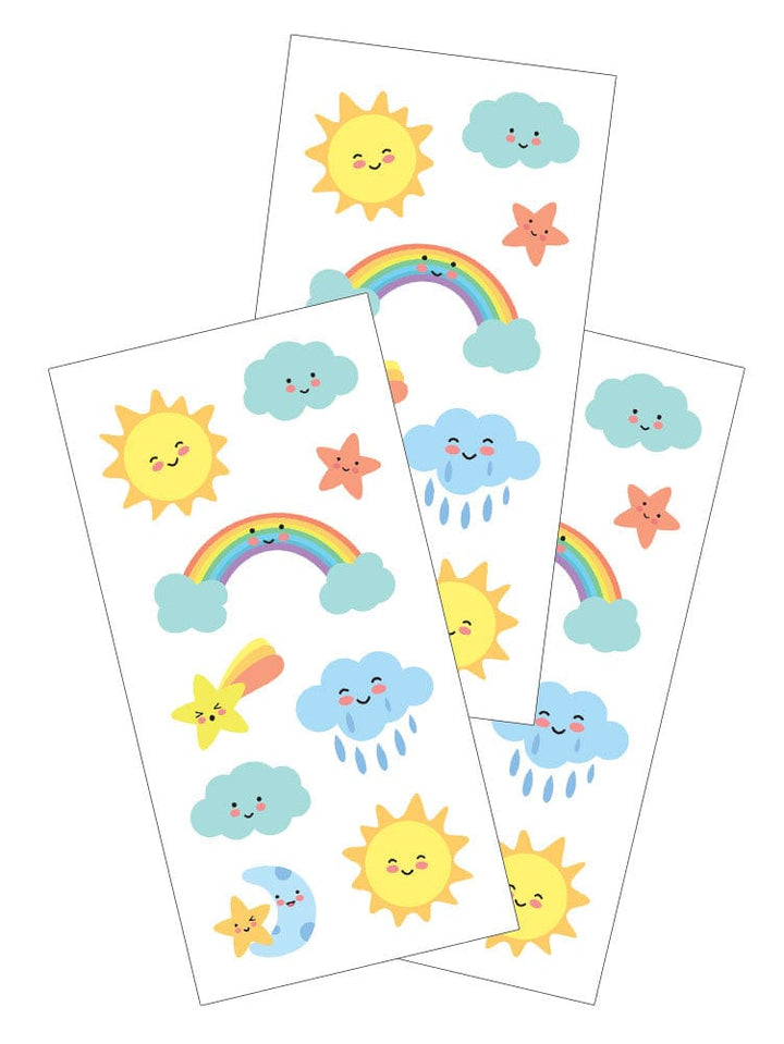 ST-2433E - Decorative Stickers - Kawaii Sky - Three sheets of colorful kawaii-style stickers featuring smiling suns, clouds, rainbows, stars, and rain clouds in yellow, blue, and teal