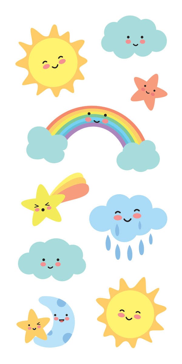 ST-2433E - Decorative Stickers - Kawaii Sky - Kawaii-style sticker set featuring smiling suns, clouds, stars, moon, and rainbow in pastel yellow, blue, and pink tones