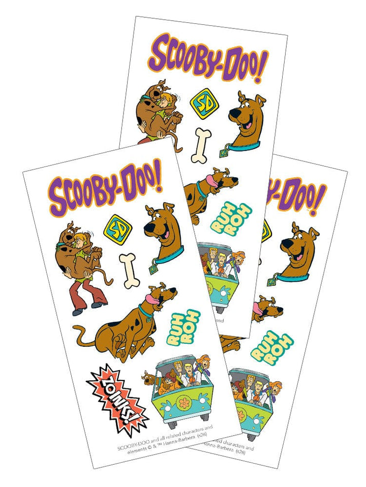 ST-2434E - Decorative Stickers - Scooby Doo -Officially Licensed - Three sheets of Scooby-Doo stickers featuring characters, bones, logos, and the Mystery Machine van in vibrant colors