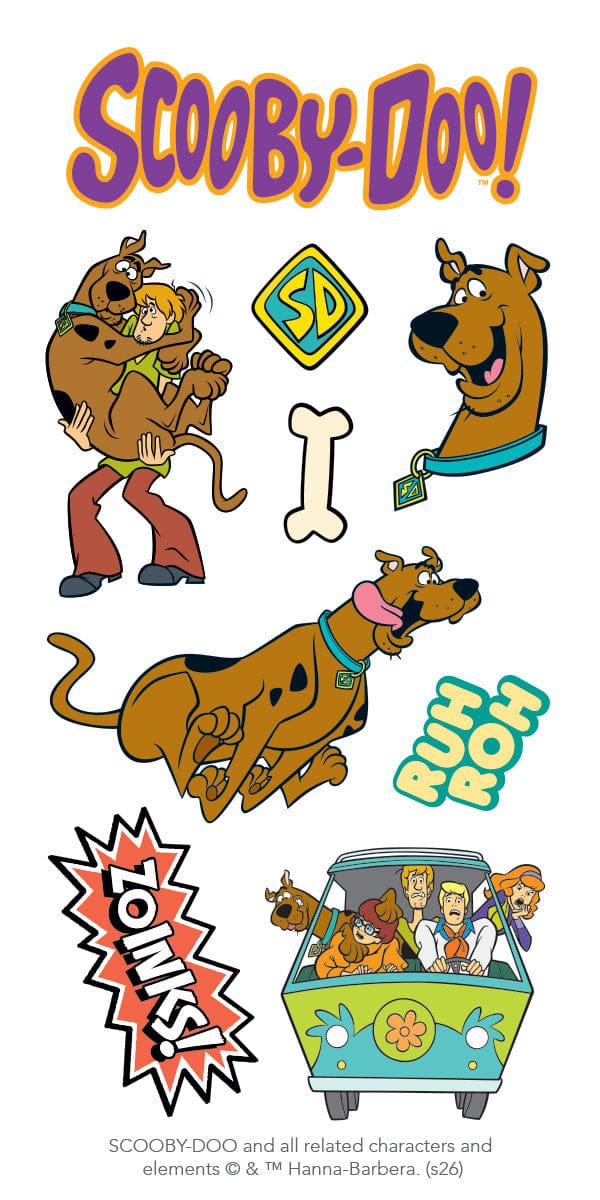 ST-2434E - Decorative Stickers - Scooby Doo -Officially Licensed - Scooby-Doo sticker collection featuring cartoon characters, the Mystery Machine van, and iconic logos on white background