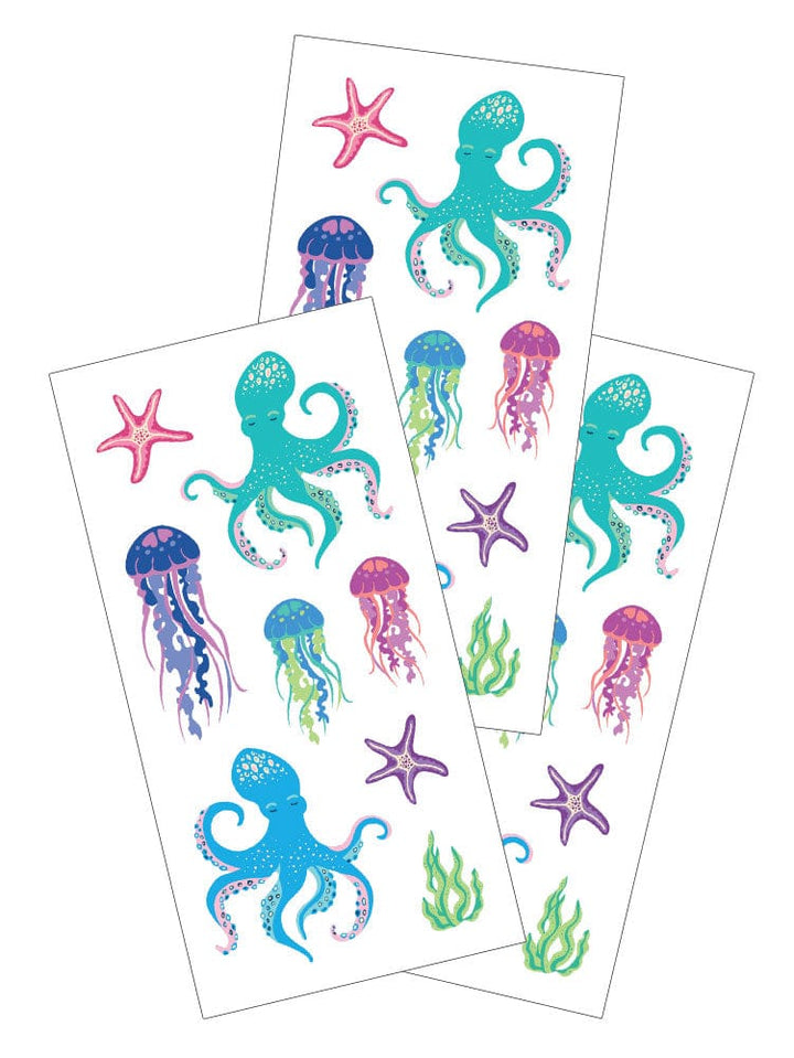 ST-2435E - Decorative Stickers - Jellyfish and Octopuses - Three sheets of colorful ocean-themed stickers featuring turquoise octopuses, pink and purple starfish, and multicolored jellyfish with decorative patterns