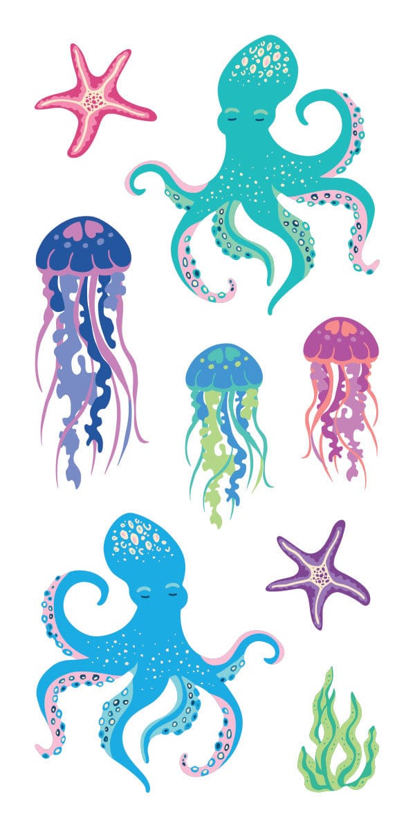 ST-2435E - Decorative Stickers - Jellyfish and Octopuses - Colorful decorative stickers featuring turquoise and blue octopuses, pink and purple starfish, jellyfish in various colors, and green seaweed