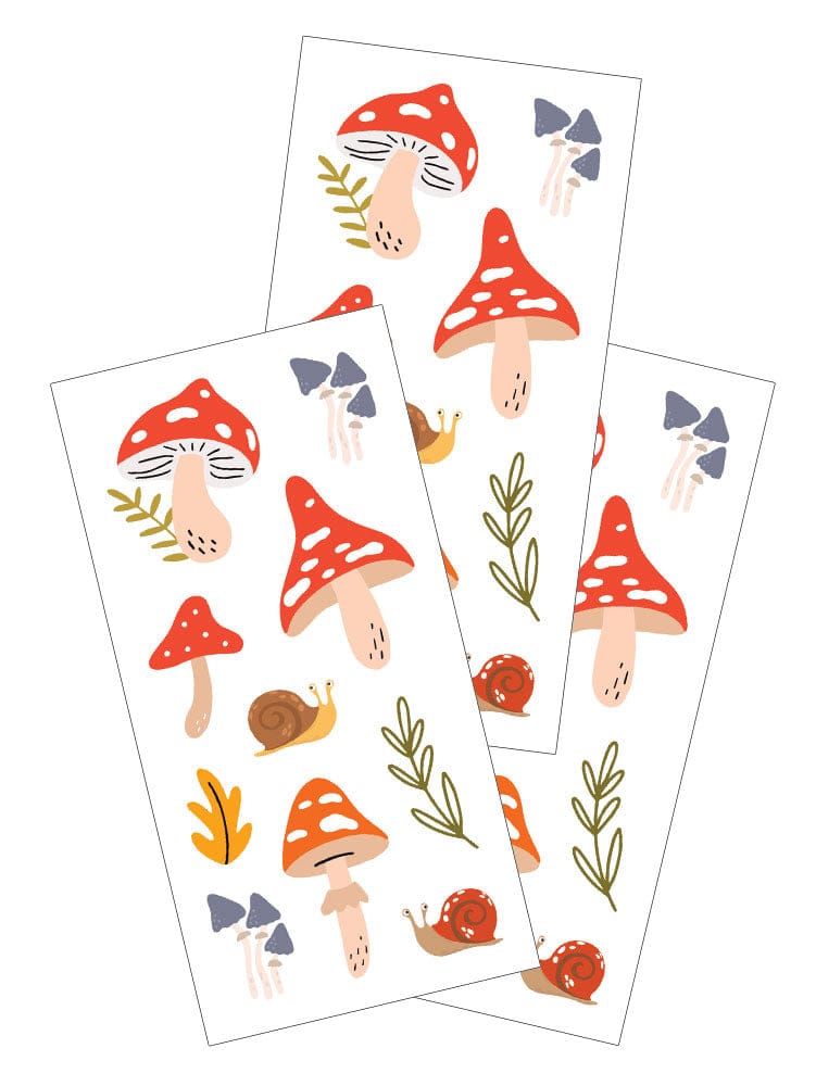 ST-2436E - Decorative Stickers - Mushrooms - Three sheets of red and white spotted mushroom stickers with snails, plants, and jellyfish designs in a whimsical forest theme