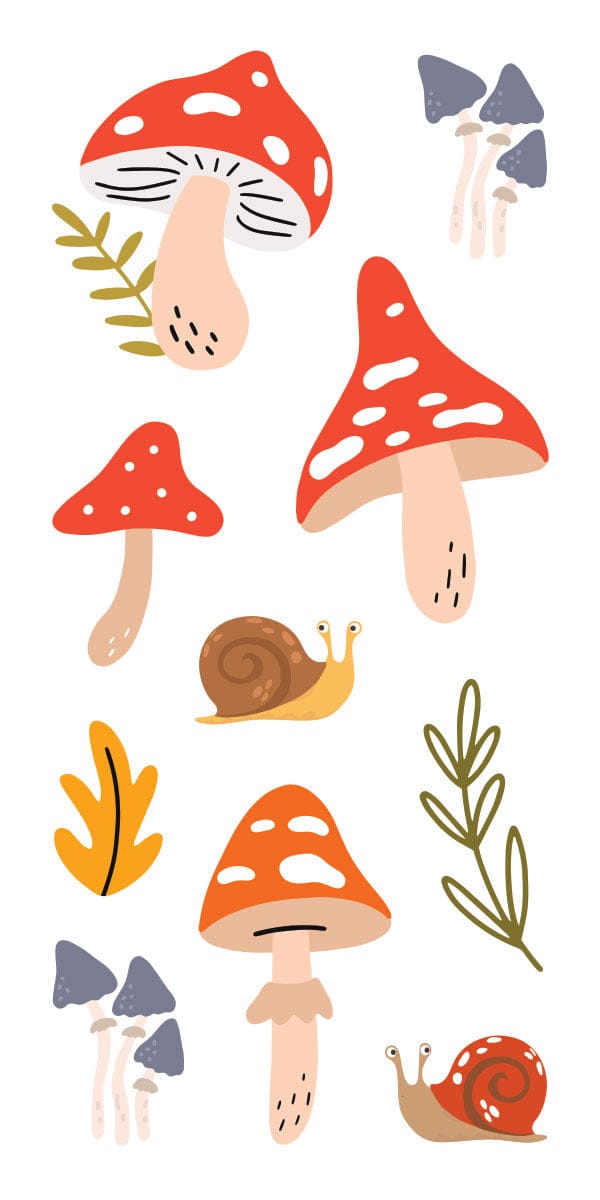 ST-2436E - Decorative Stickers - Mushrooms - Whimsical illustration of red and orange mushrooms with white spots, snails, and botanical elements in warm earth tones