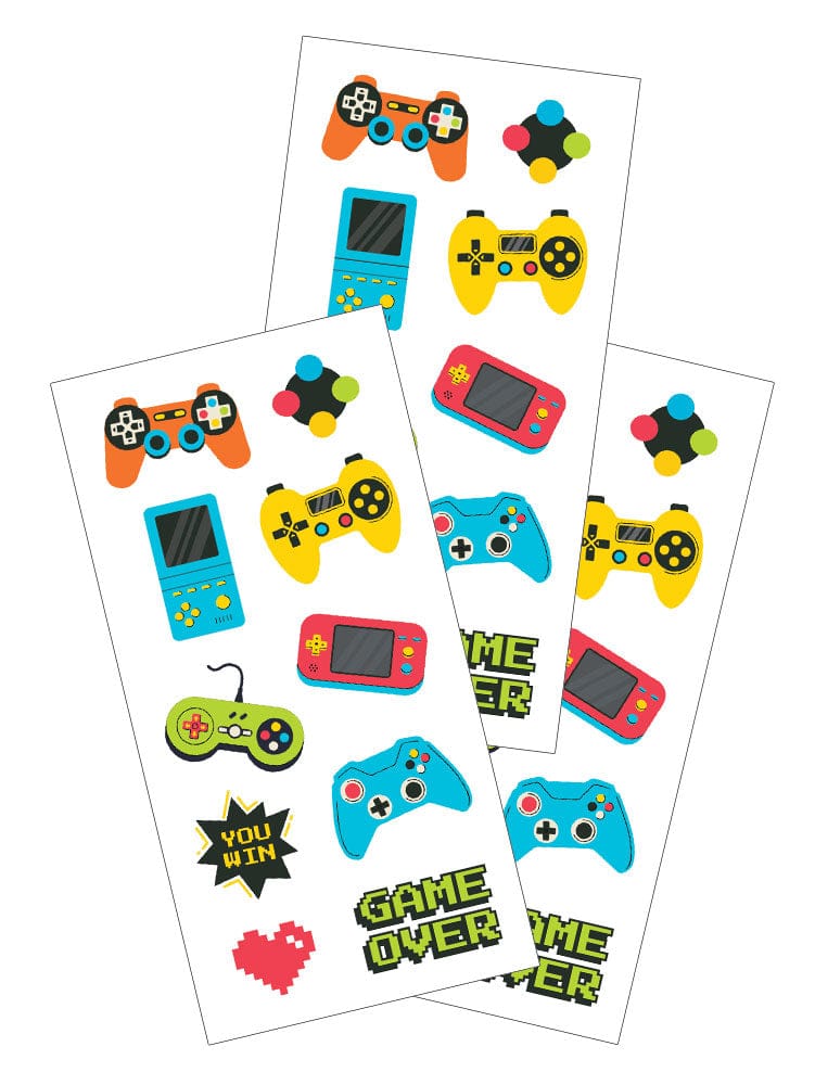 ST-2437E - Decorative Stickers - Gaming - Three sheets of colorful gaming-themed stickers featuring controllers, handheld devices, buttons, and "Game Over" text