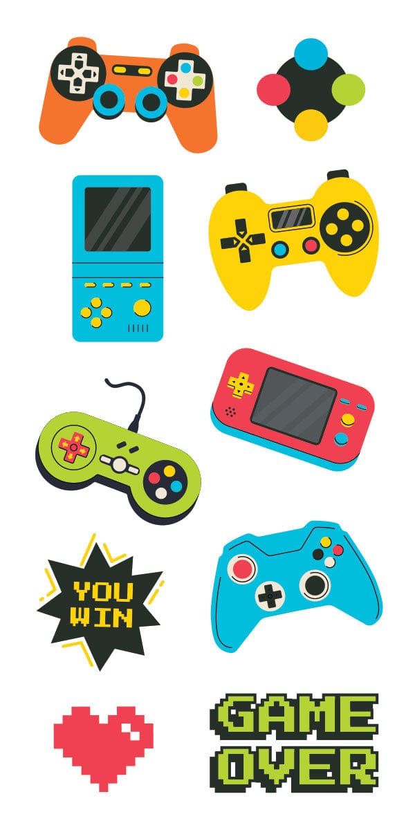 ST-2437E - Decorative Stickers - Gaming - Collection of colorful gaming stickers including controllers, handheld devices, "You Win" badge, pixel heart, and "Game Over" text