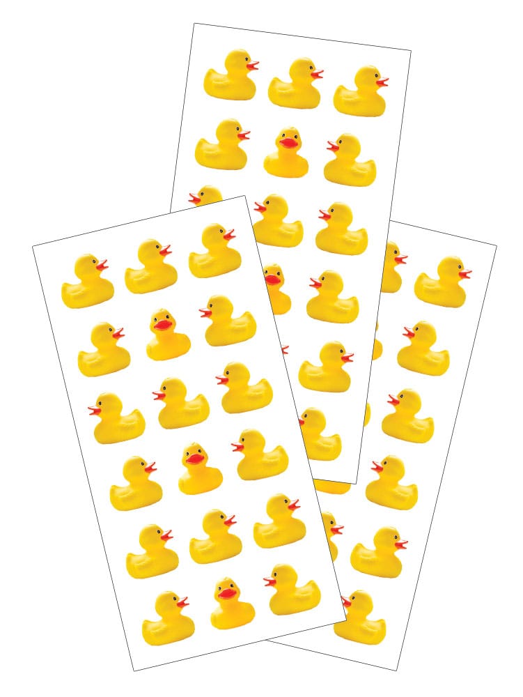 ST-2441E - Decorative Stickers - Rubber Duckies - Three sheets of yellow rubber ducky stickers with red beaks arranged in rows on white backgrounds