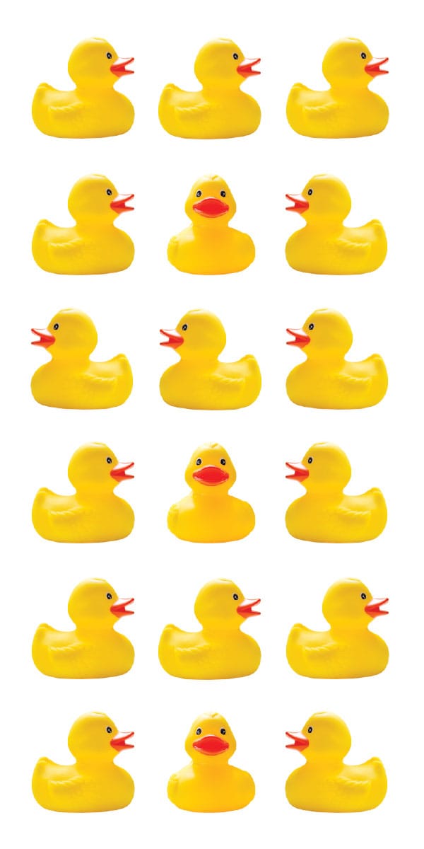 ST-2441E - Decorative Stickers - Rubber Duckies - Grid of 18 yellow rubber ducky stickers in various poses with red beaks and black eyes